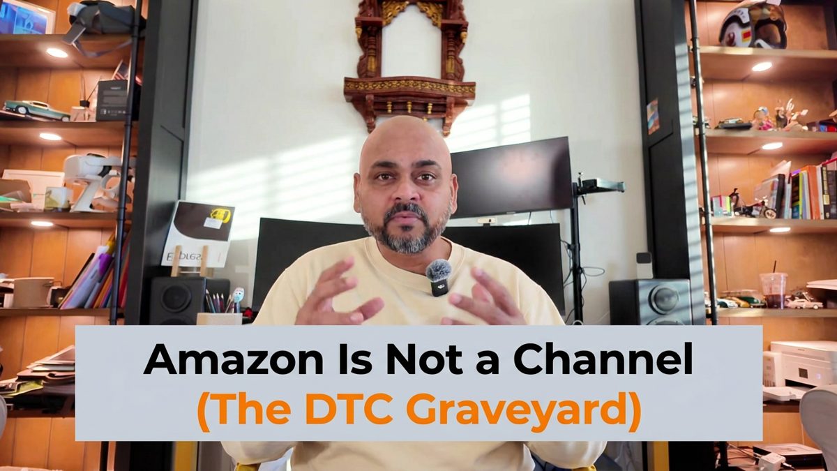 Video thumbnail framing the DTC graveyard of Allbirds, Solo Stove, and Casper against Amazon's expanding margin take