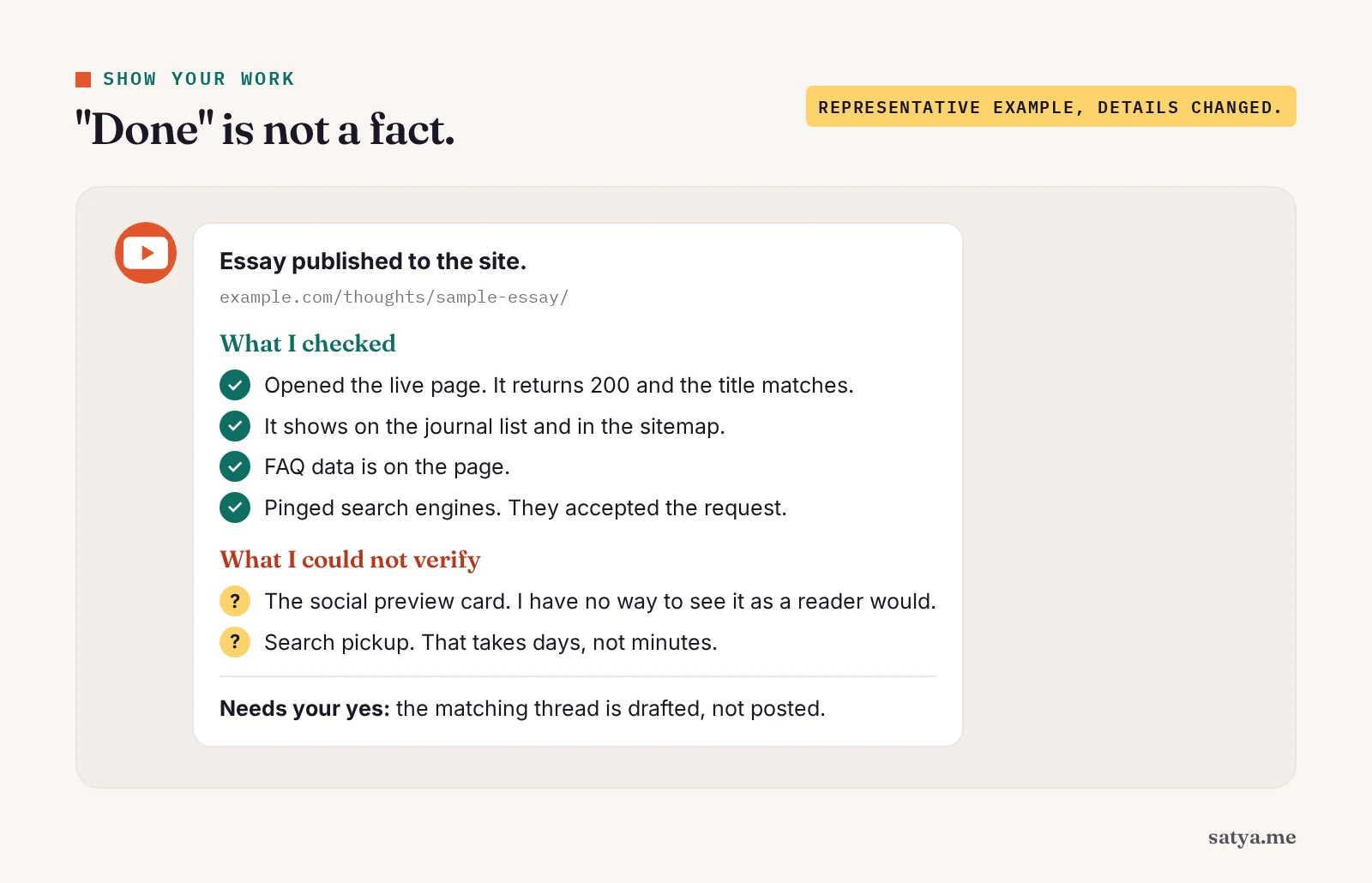Sample AI agent report showing what was checked against the live page and what could not be verified