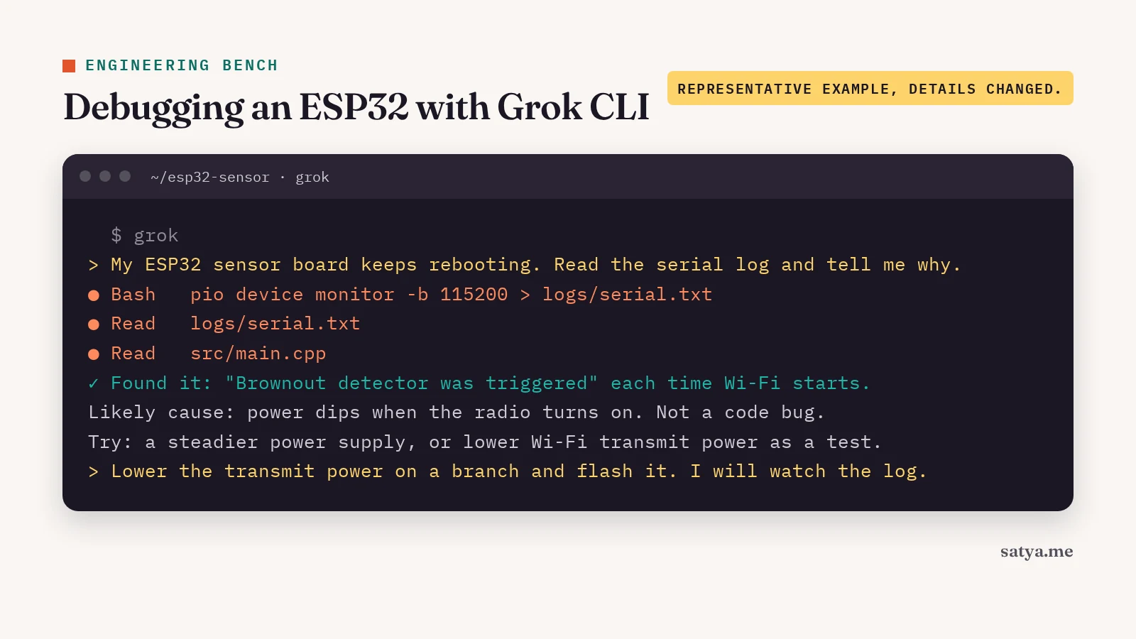 Sample Grok CLI terminal session debugging ESP32 reboots by reading the serial log