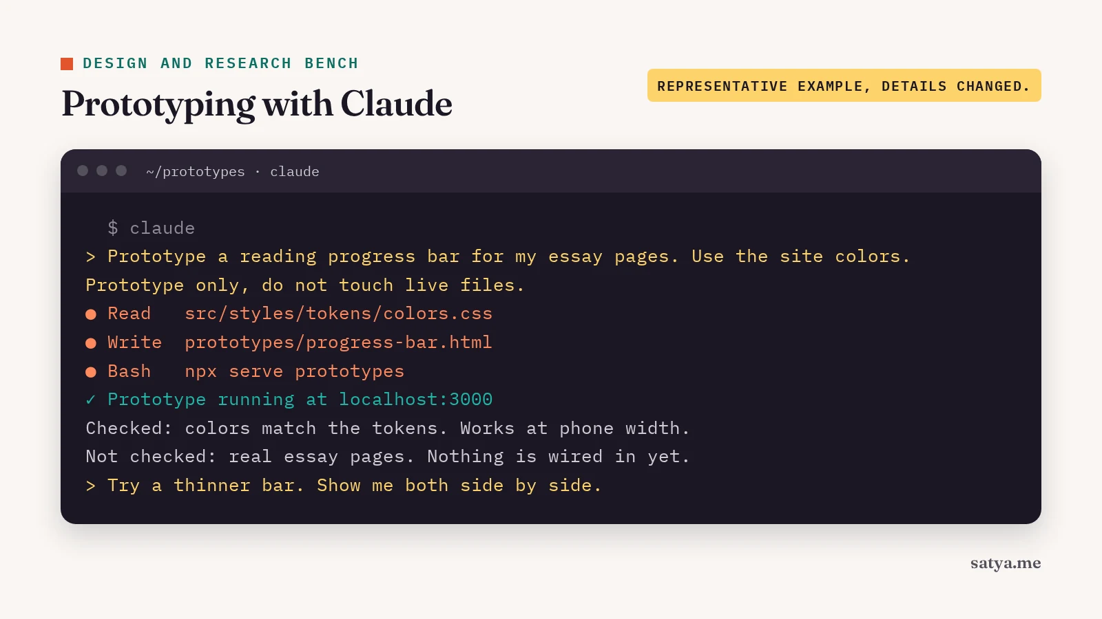 Sample Claude terminal session building a front-end prototype for an essay page